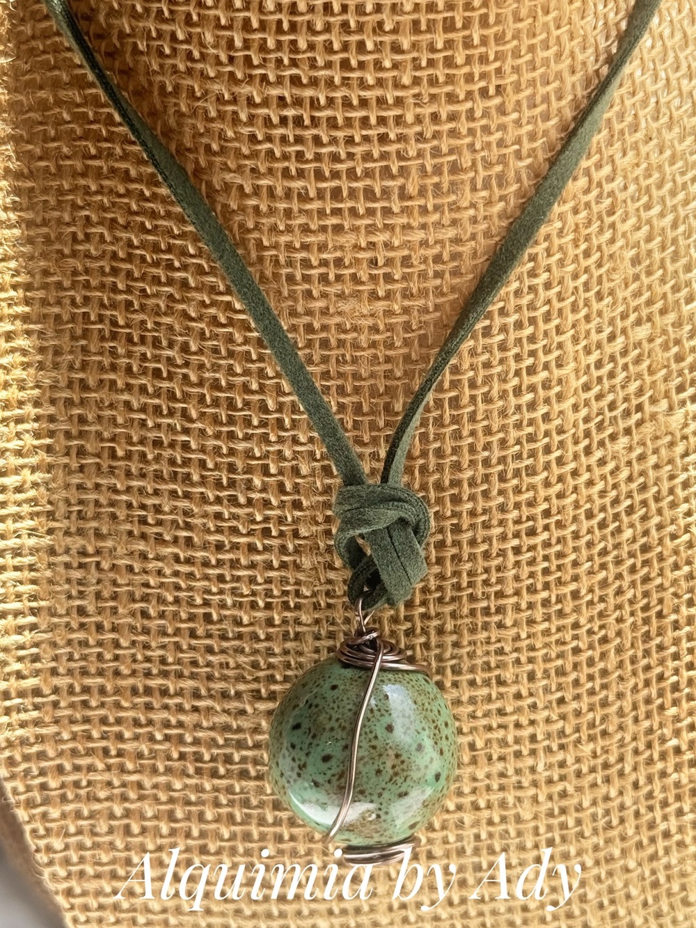 Olive Green Speckled Ceramic Orb Pendant on Suede Cord